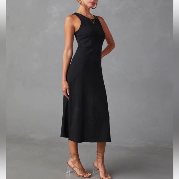 Black Ribbed Knit Midi Dress NEW Med - Picture 3 of 7